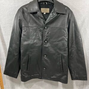 Guess Men’s Small Leather Jacket Car Coat Black Button Front EUC